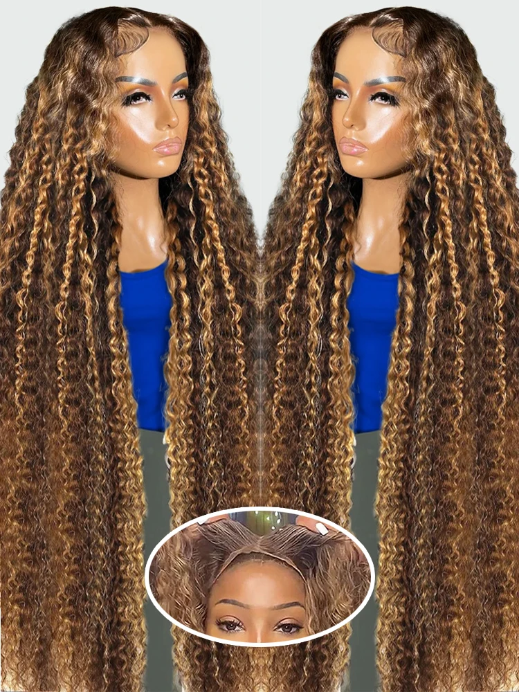 วิกผมสำเร็จรูปแบบไม่ต้องใช้กาว 250% ความหนาแน่น พร้อมส่ง ไฮไลท์สีออมเบร วิกผมลอนสีน้ำตาล 13x4 HD Lace Frontal วิกผมแท้จากผมมนุษย์ วิกผมลอนลึกแบบคลื่นน้ำ