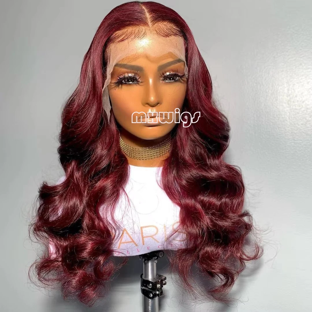 

MXWIGS бордовый красный объемные волосы синтетические 13X4 парик фронта шнурка для женщин косплей длинные бесклеевые предварительно выщипанные термостойкие волокна