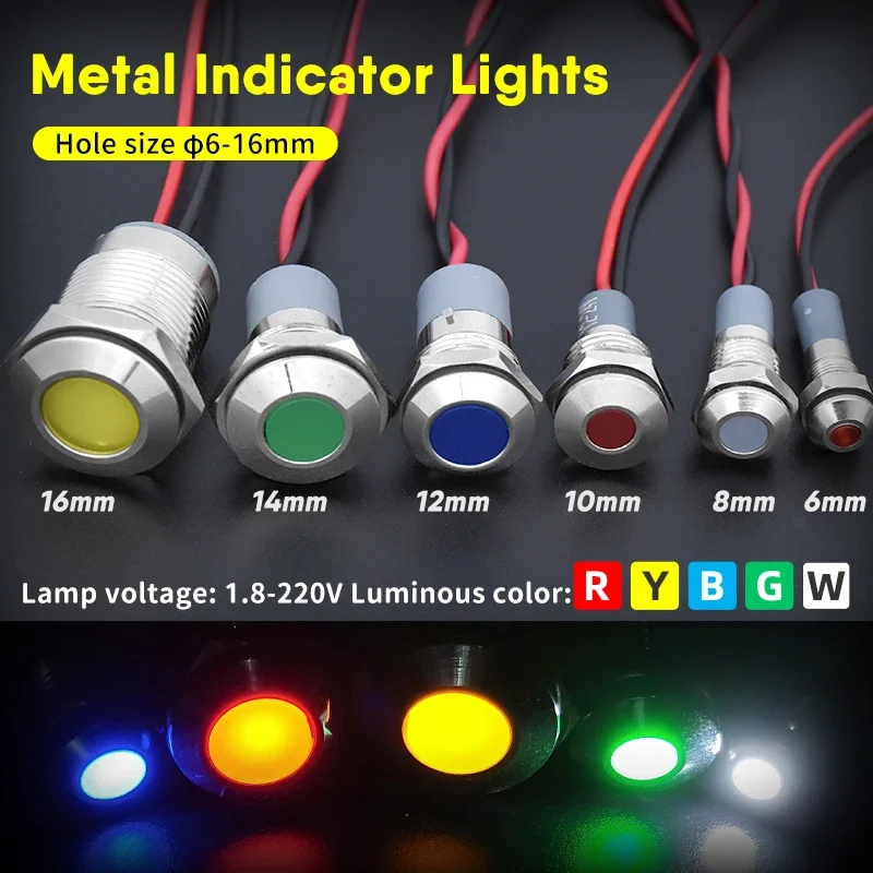 1pcs 6mm 8mm 10mm 12mm 14mm 16mm 19mm 22mm 25mm 30mm Waterproof IP67 Metal LED Warning Indicator Light Signal Lamp Pilot Wire