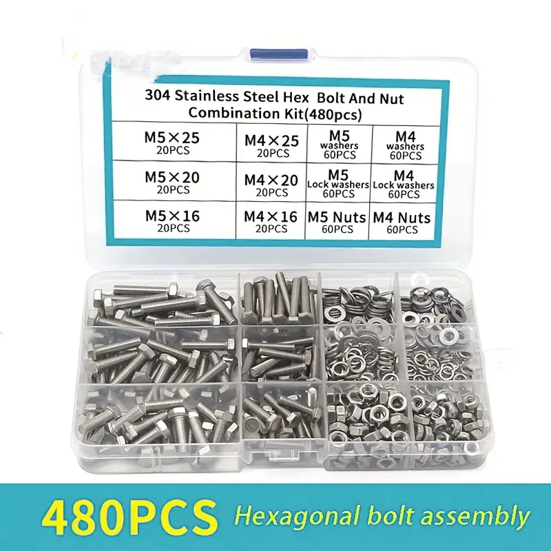 

Komplettes Set aus 480 Stück Sechskantschrauben, Edelstahlmuttern und Unterlegscheiben M4-M5, inklusive Zubehör