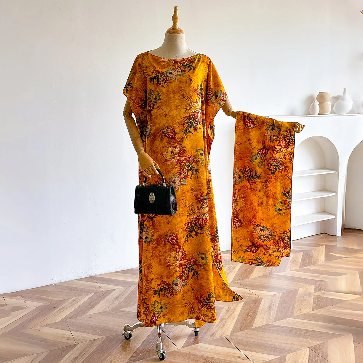 New African Fashion Short Sleeve Colored Pattern Dubai Women Summer Real Silk Soft Printing Loose Tradition Muslim Scraf
