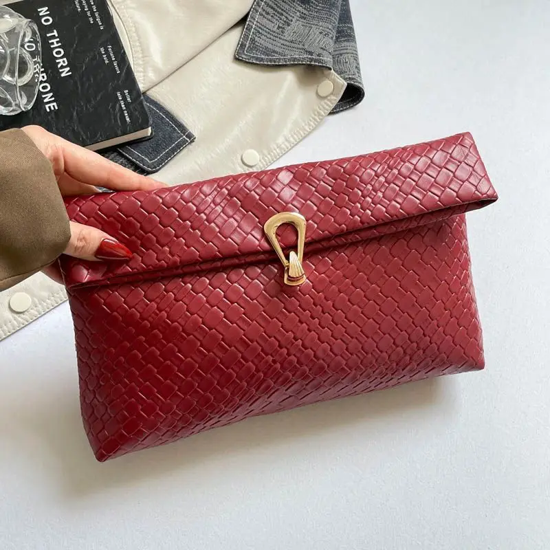 Women's Woven Texture PU Clutch Envelope Bag Black Metal Buckle Large Capacity Chic Trendy Fashion  Purses and Handbags - view 3