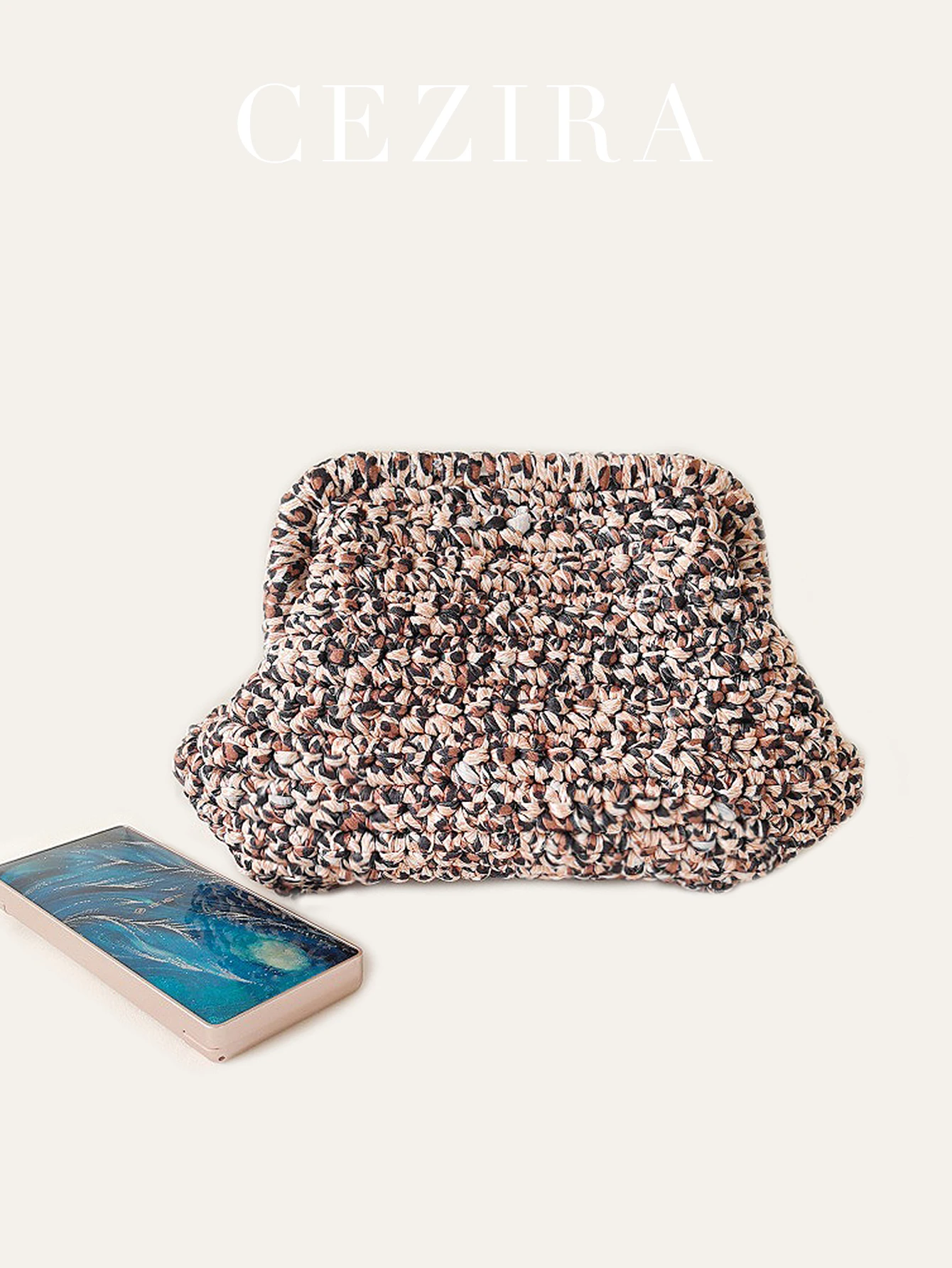 CR Colorful Handmade Woven Crochet Clutch For Women Clip Closure Leopard Print Handbag Makeup Hand Held Purse Holiday Daily Use