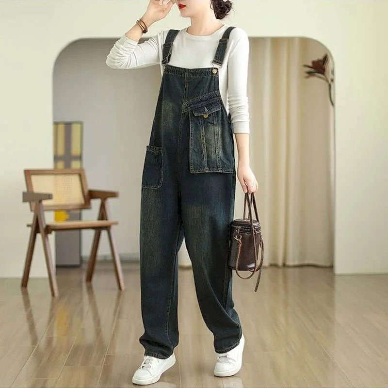 Denim Overalls Lose Beiläufige Gerade Hosen Koreanischen Stil Jeans Vintage Künstlerische Strampler Einem Stück Outfits Herbst Frauen Kleidung