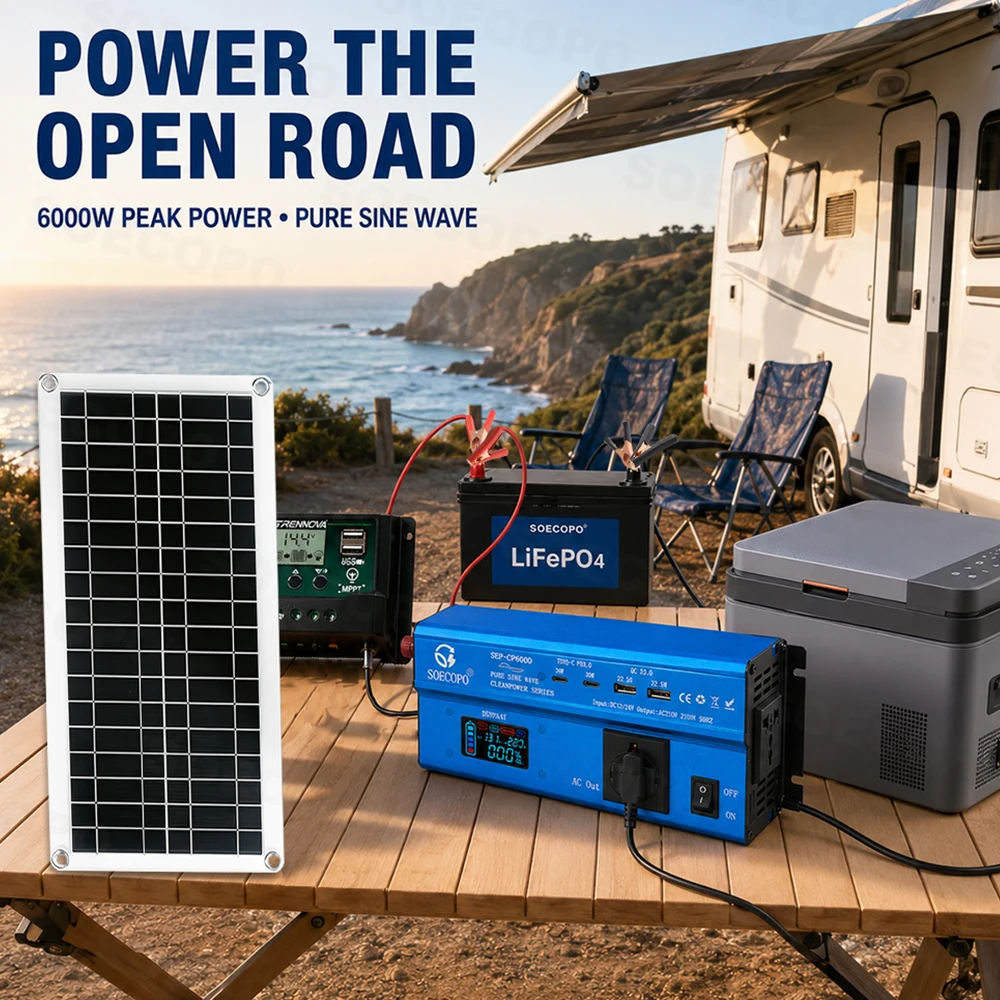 Off Grid Solar Power Kit 6000W Pure Sine Wave Inverter 12V 24V to 110V 220V 200W Panel 60A MPPT Controller for Home RV Backup