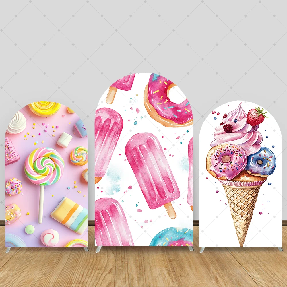 

Ice cream Lollipop Baby Sweet Birthday Party Arch Cover Backdrop Candy Granules Pink Background Newborn Girl Photo Studio