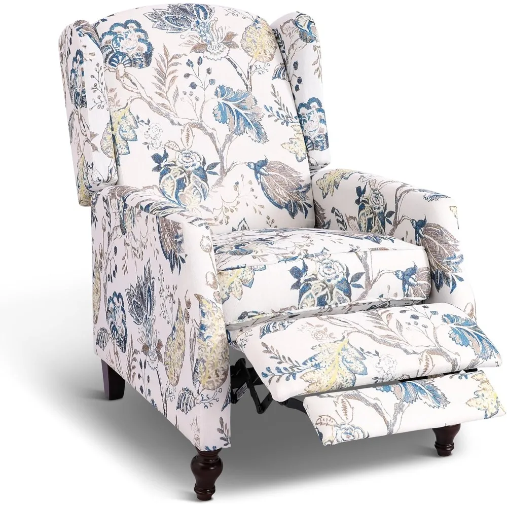 Upholstered Wingback Recliner Chair - Traditional Push Back Recliner with Padded Seat, Wingback Fabric Floral Recliner Chair