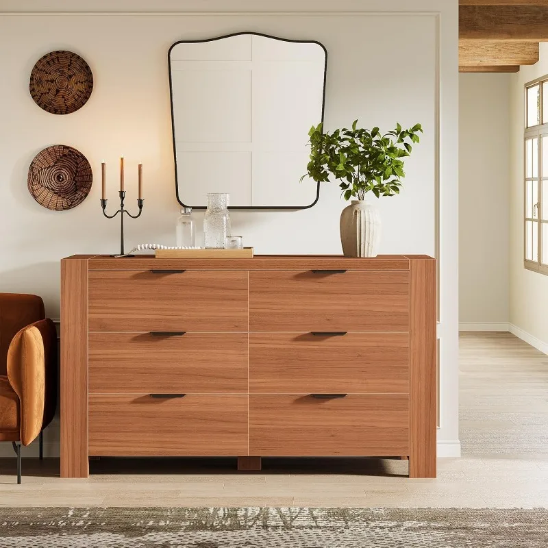 

55-Inch Sideboard with Drawers, Wooden Buffet Cabinet Coffee Bar Cabinet with 6-Drawer Storage for Dining Room