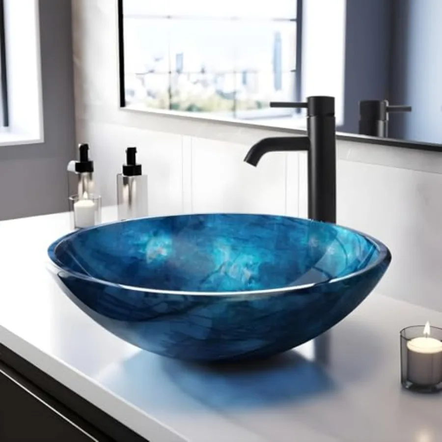 

Настольная раковина-чаша Vessel Sink 16.5 из закаленного стекла, синяя, с художественным узором, круглая, с комплектом смесителя, современная, для ванной комнаты
