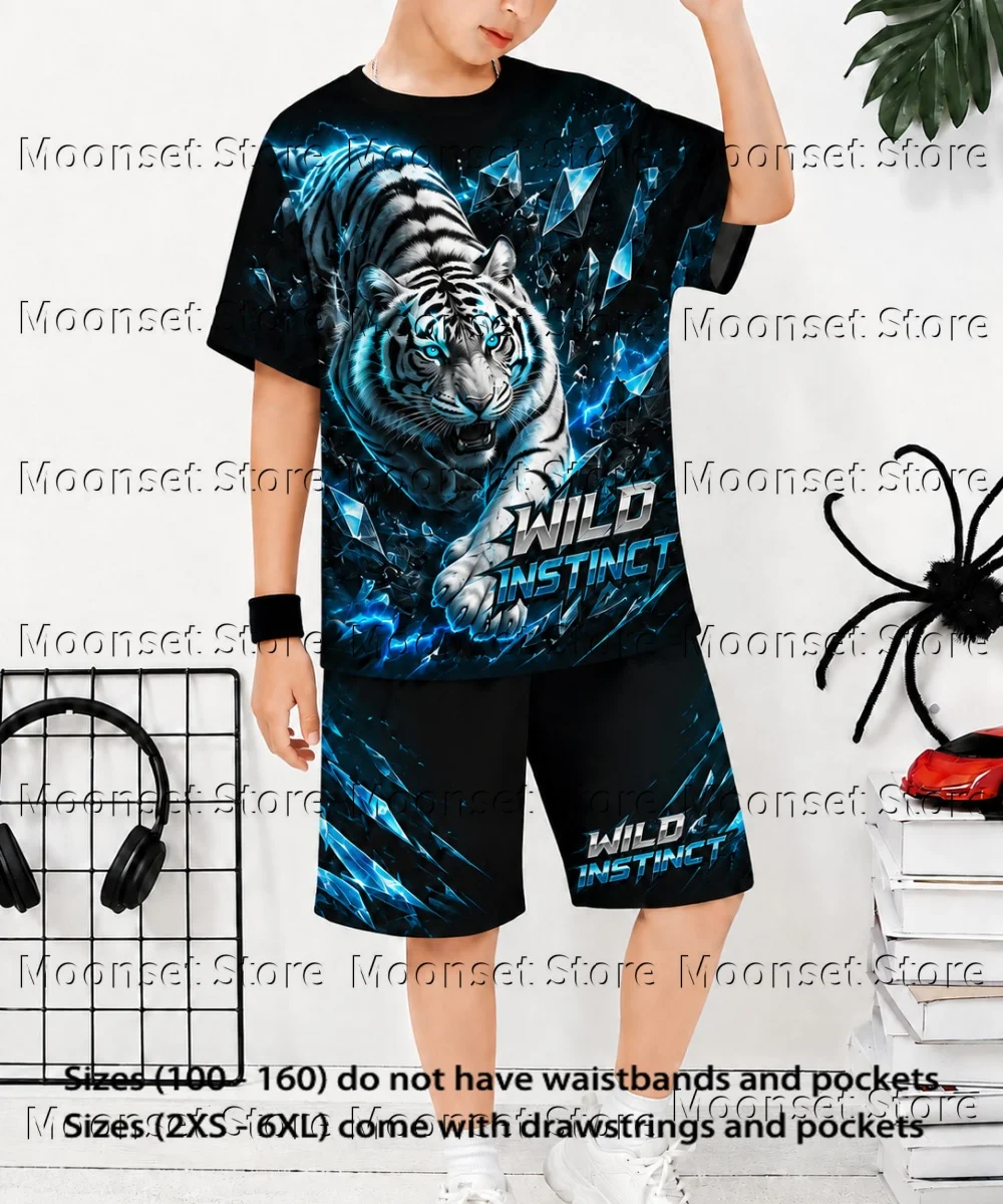 Fashion Boys 2‑Piece Summer Set Cool Tiger Lightning Jungle Full‑Print Crew Neck Short Sleeve T‑Shirt Shorts Kids Casual Suit