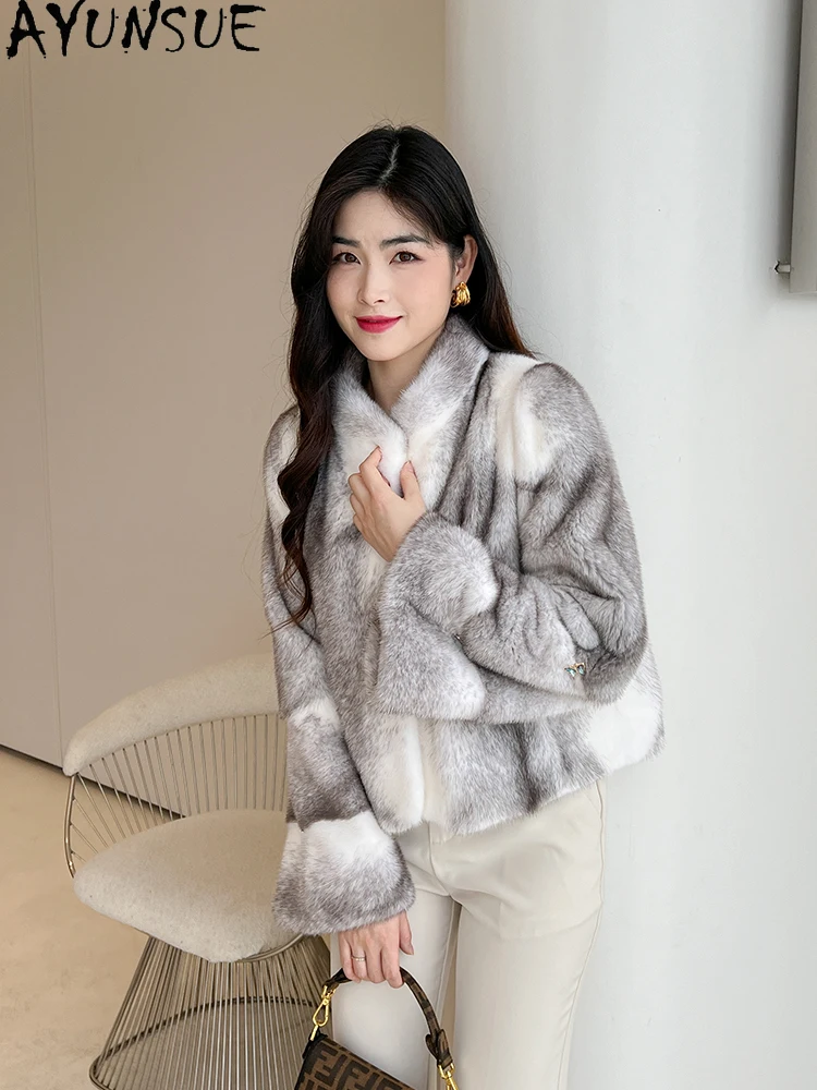 AYUNSUE Naturalna Kurtka z Futra Norki AYUNSUE Damska Moda Rozkloszowane Rękawy Luksusowe Kurtki z Prawdziwego Futra dla Kobiet Odzież Ropa Para Mujer