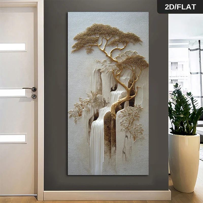2D Flat Large Modern Golden Trees & Waterfalls in A Forest Canvas Wall Art Frameless Abstract Artorks for Living Rooms Decortion