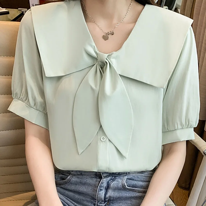 2022 Summer French Style Sweet Bow Collar Short Sleeve Shirt Tops Femme Clothing Chiffon White Apricot Green Button Blouse 2867