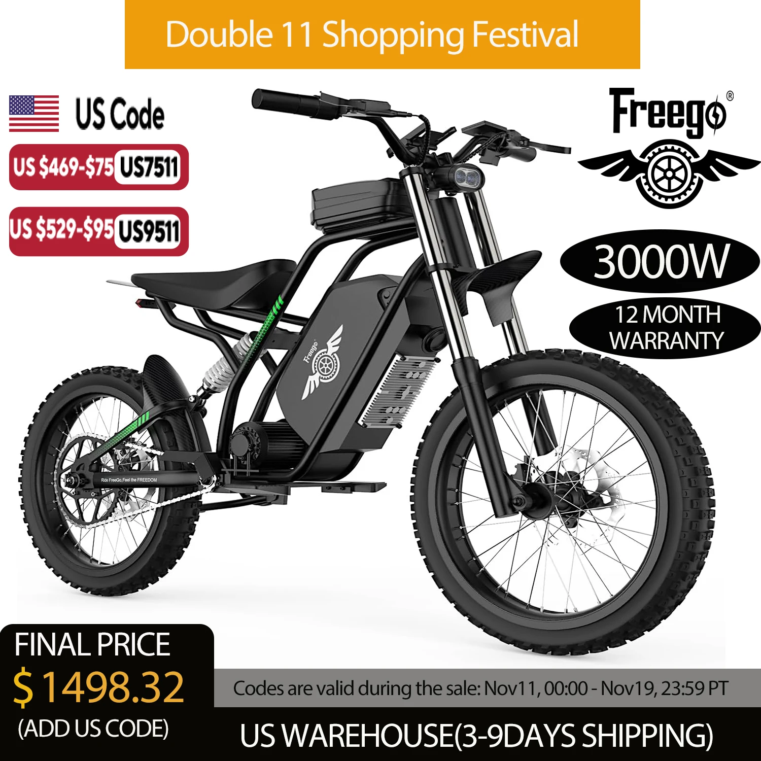 

Freego Electric Motorcycle Bike Dual-Mode Electric Dirt Bike 3000W Drive Motor 60V/25Ah Battery 40MPH Off Road Bicycle
