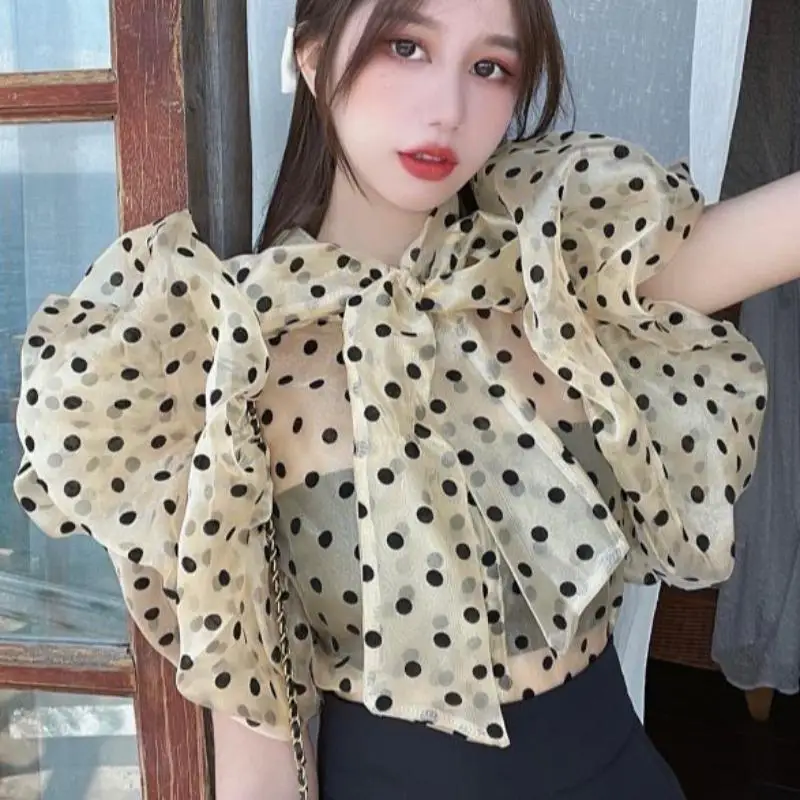 Ruffle Puff Sleeve Polka Dot Shirt Women Vintage Blusa Bow Lace Up Lantern Transparent New Blouse Top 2024 Blouses Elegant Tops