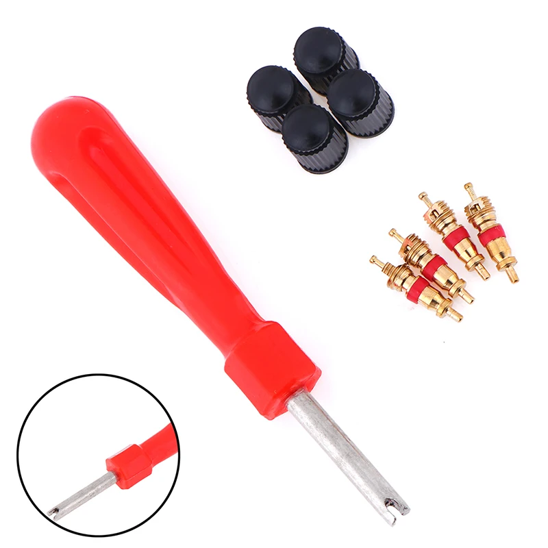 

1 Set Tire Valve Service Kit 4 Valve Cores 4 Valve Caps 1 Stem for Car Motorcycle Bus Truck Screwdriver Tire Repair Tool