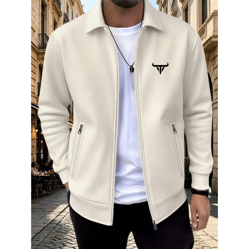 Men's Waffle Knit Collar Jacket  New Spring and  Autumn  Style High-End Casual Zipper Coat