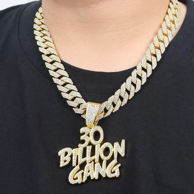 

Hip Hop 30 Billion Gang Pendant With Miami Cuban Chain For Men Women Crystal Band Gang Necklace Fashion Y2k Style Jewelry
