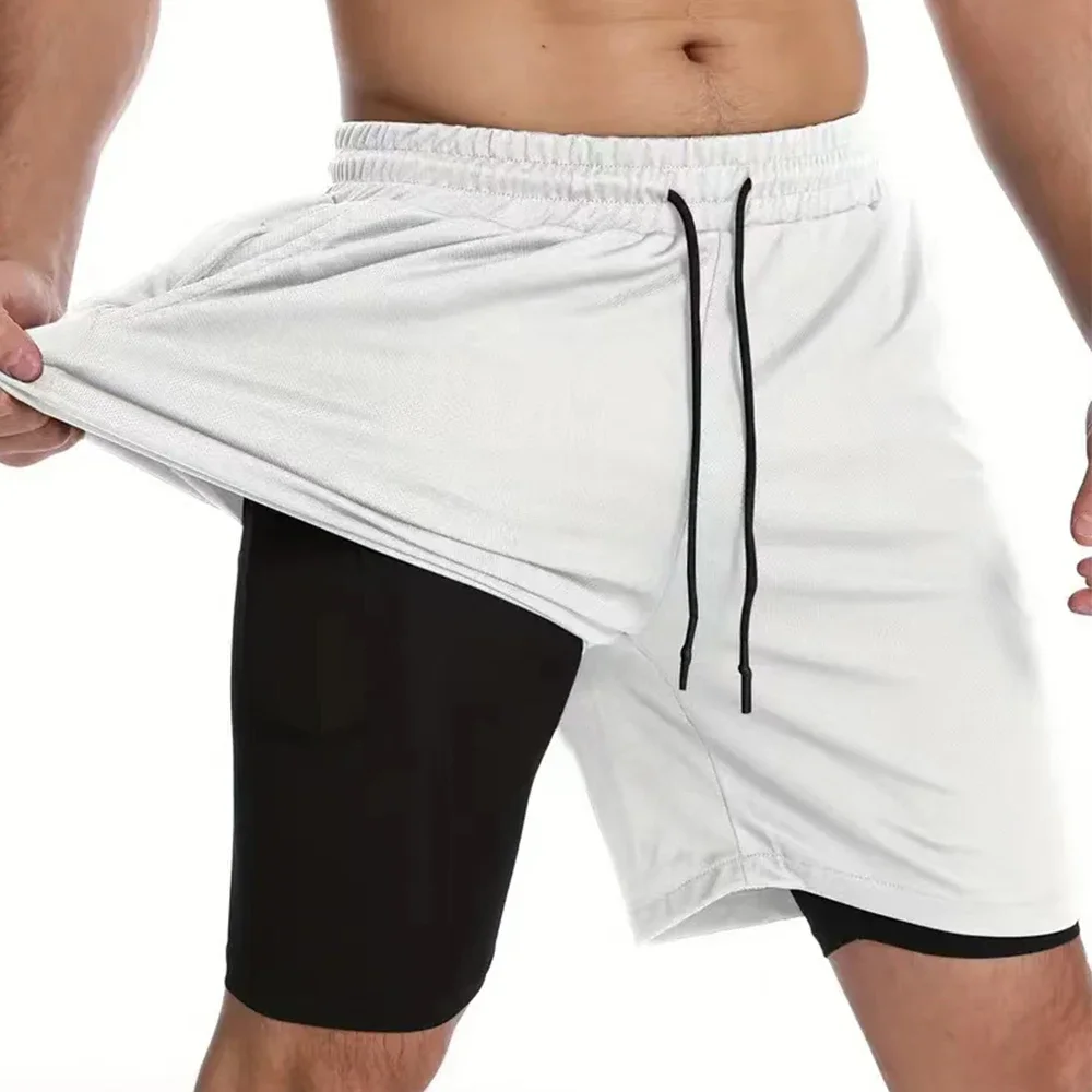Summer Breathable 2-in-1 Double-layer Shorts for Men's Elastic Compression Shorts Quick-drying Phone Pocket Towel Loop Shorts
