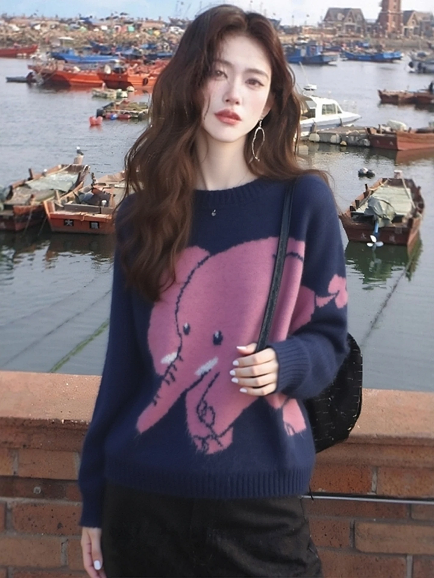 

Корейский вязаный свитер Sle Long Sve, мягкий уютный женский осенне-зимний модный топ с уникальным дизайном и узором слона, против морщин