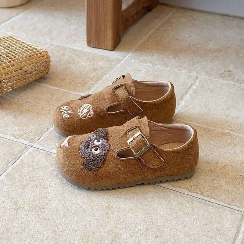 Cartoon Dog Embroidery Children Flats Shoes Suede PU Hook Loop Boys Girls Casual Shoes Anti Slip Soft Kids Boat Shoes