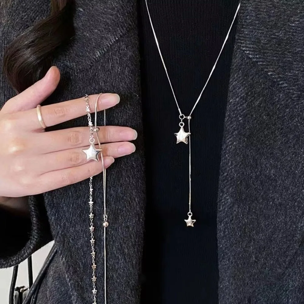 Silver Star Pendant Necklace Asymmetrical Design Long Length Sweater Chain Necklace Tassel Detail Pendant Style
