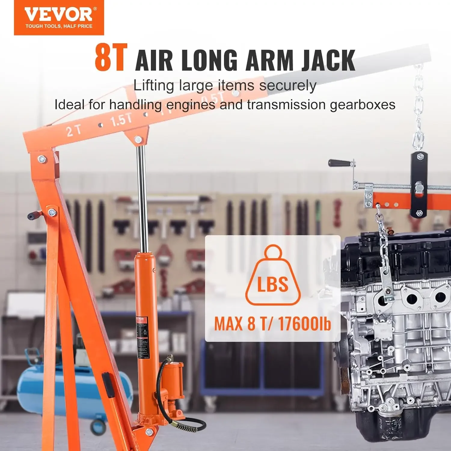 Hydraulic Long Ram Jack, 8 Ton Engine Hoist Cylinder with Air Pump and Single Piston Pump, Hydraulic Ram Cylinder Clevis B