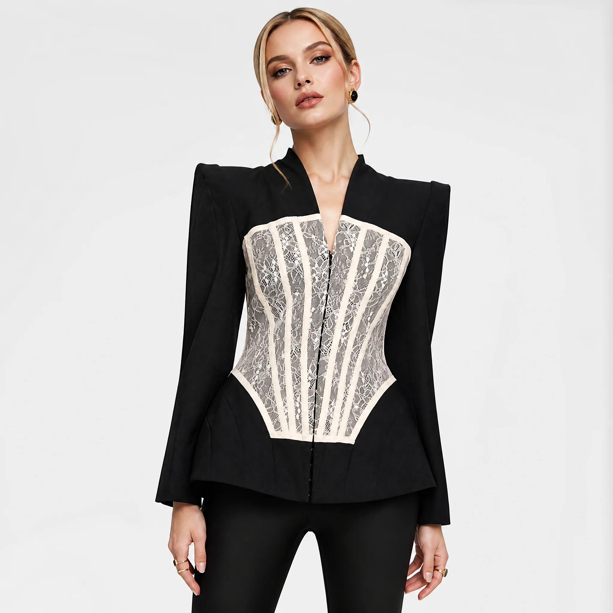 RU 2026 New Women V Neck Shoulder Pad Blazer Lace Corset Splicing Zip Front Peplum Hem Slim Jacket Trendy Outerwear