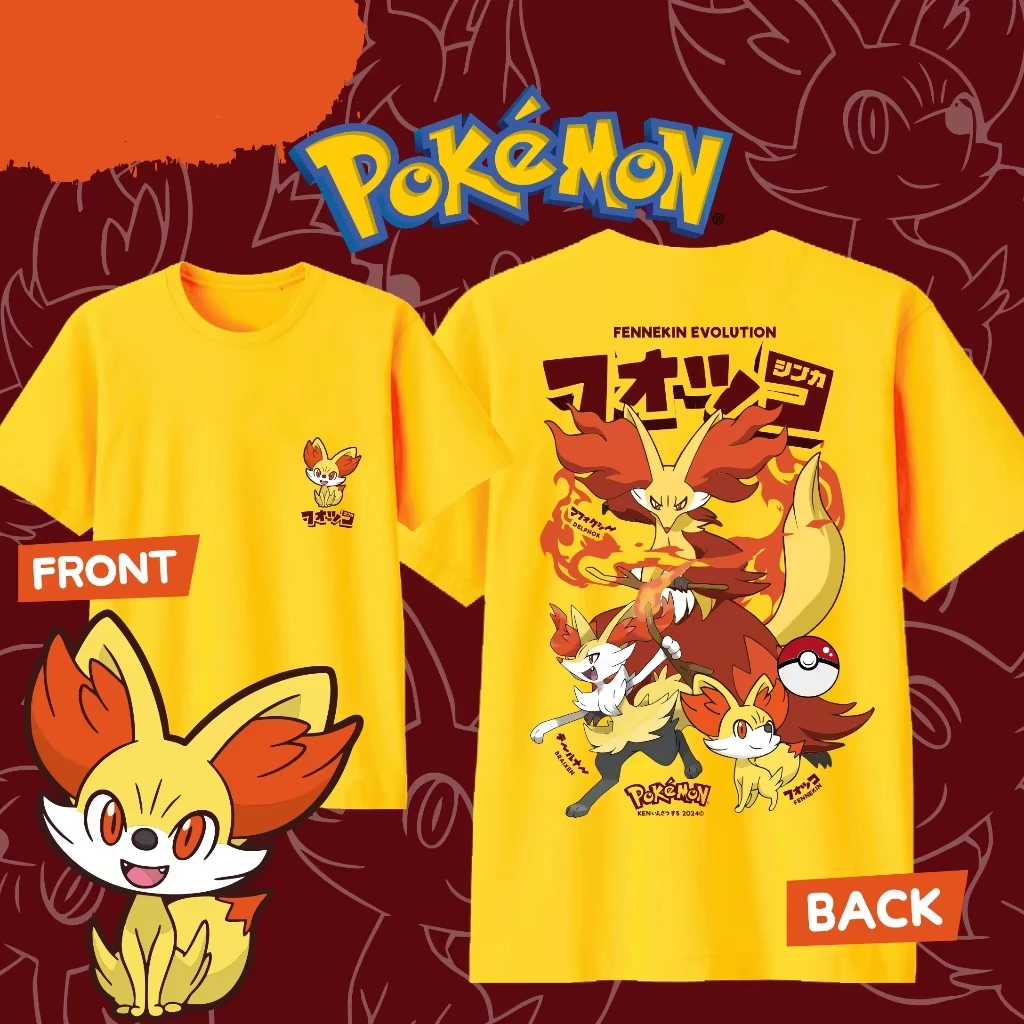 2026 Summer Anime Pokémon Fennekin Evolution Printed T-shirt Suitable for Both Men and Women Harajuku Clothing