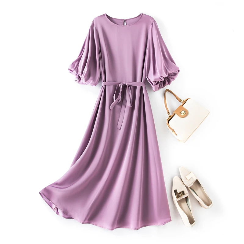 2023 Women\'s Fashion Summer New Mid Length Round Neck Bud Sleeve Mulberry Silk Loose A-line Party Dress