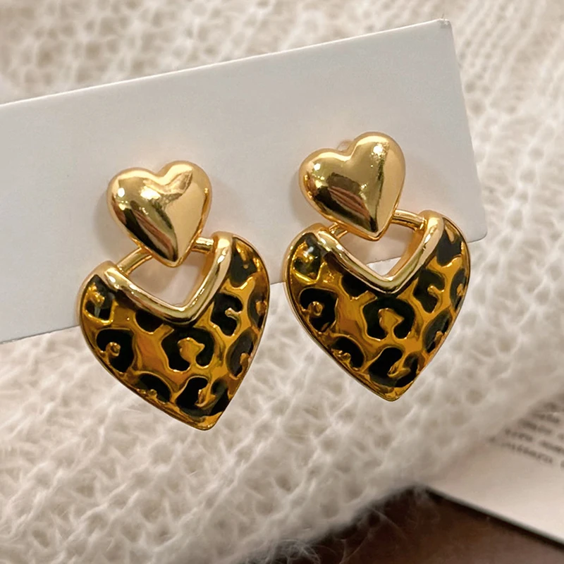 

PONYKISS 925 Sterling Silver Leopard Print Heart Geometric Stud Earrings for Women Vintage Fine Jewelry Light Luxury Accessories