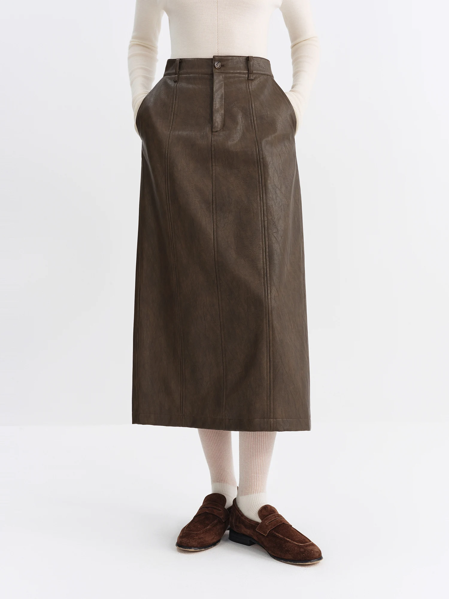 Spódnica midi damska FSLE 2025 zimowa, retro, z wysokim stanem, ze skóry PU - uniwersalna spódnica o kroju litery A, ołówkowa, do pracy, na co dzień.