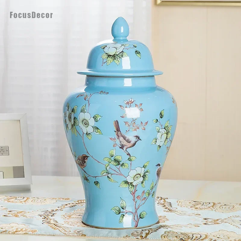 

Jingdezhen-Sky Blue Vase with Lid, Bird Flower, Modern Porcelain, Temple Ginger Jar, Chinese Export Ming S, 18 Inch