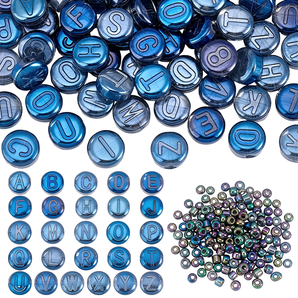 104pcs 10x5mm Letter Beads Flat Round Craft Letter Beads 150pcs 6/0 4mm Seed Bead Electroplated Glass Loose Spacer Bead