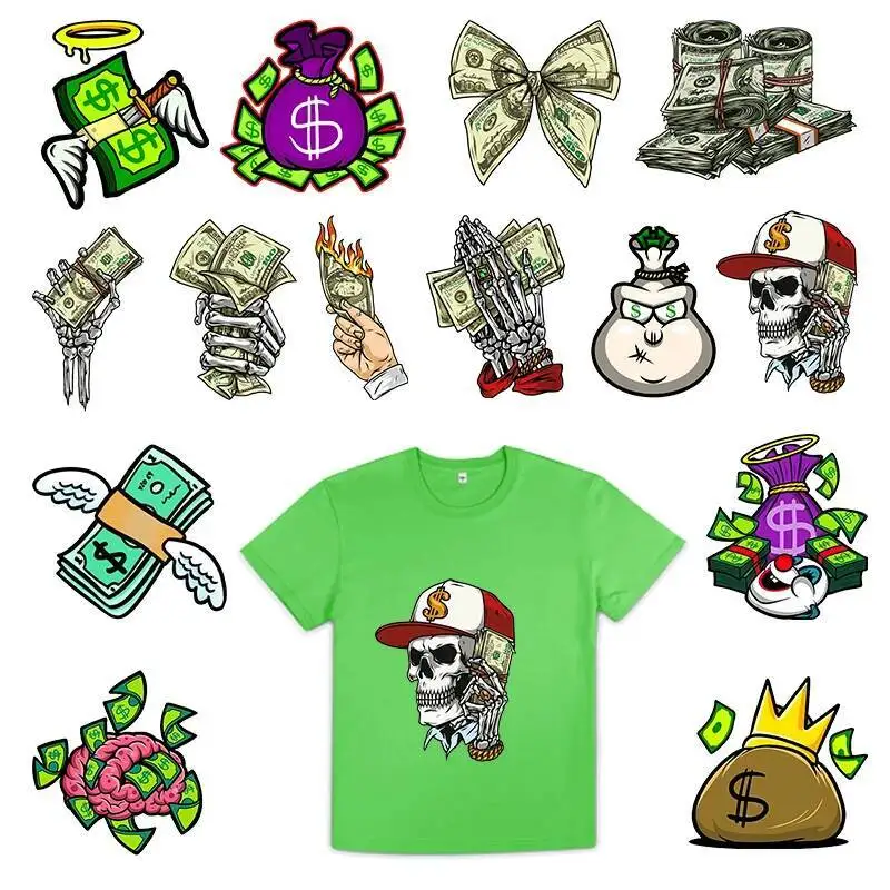 

DIY ironing t-shirt dollar bill printed heat transfer summer cotton t-shirt personalized custom vinyl washable stripes