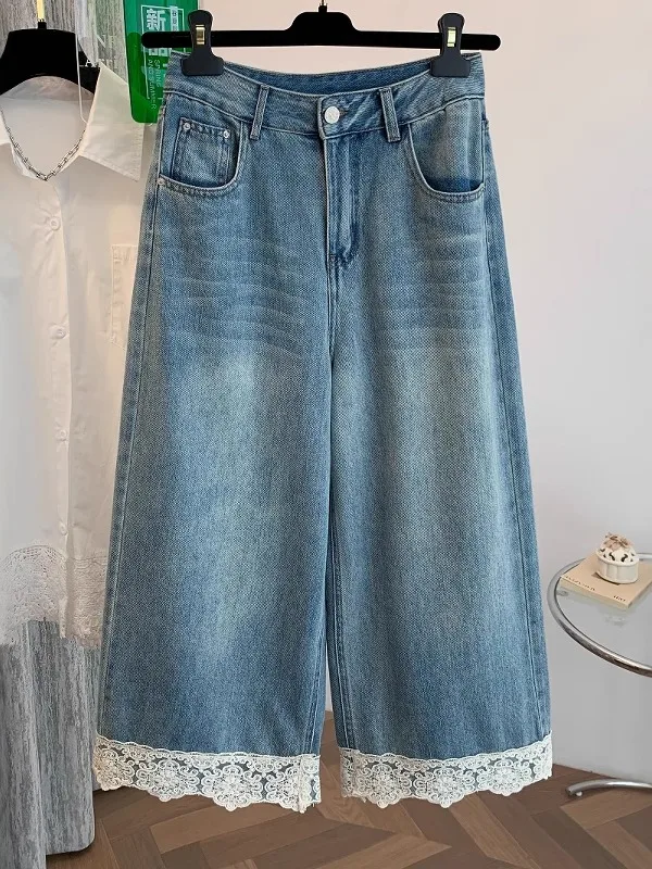 

Джинсы с высокой талией и широкими штанинами, кружевные лоскутные джинсы с девятью точками, женские летние свободные прямые брюки больших размеров с эффектом похудения