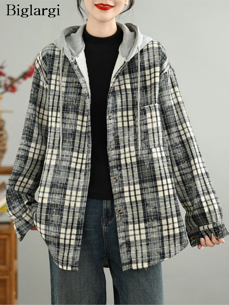 

Autumn Winter Plaid Print Hoodied Jacket Women Casual Velvet Jackets Coats Ladies Ourtwear Korean Loose Long Sleeve Woman Coat