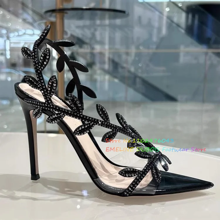 Black Rhinestone Leaf High Heel Sandals Spring and Autumn Pointed Patent Leather Stiletto Heel Slip On Party Dress Shoes