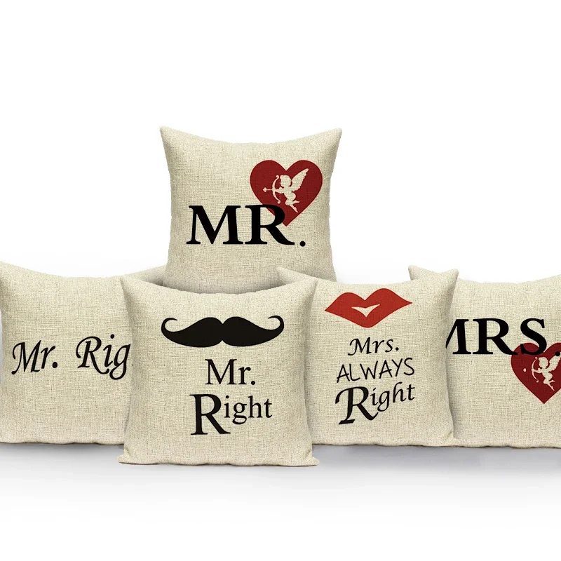 Mr & Mrs 오른쪽 쿠션 커버 사각 베개 케이스, 홈 장식 소파 자동차 베개 케이스, 커플 연인 웨딩 발렌타인 베개 커버