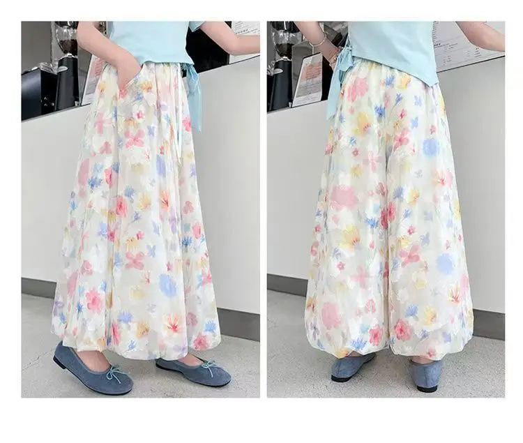 Kids Girls Loose Wide Leg Pants Floral Printed Yarn Skirt Pants 2025 New Arrival Summer Cute Puffy Bud Pants Thin Casual Clothes