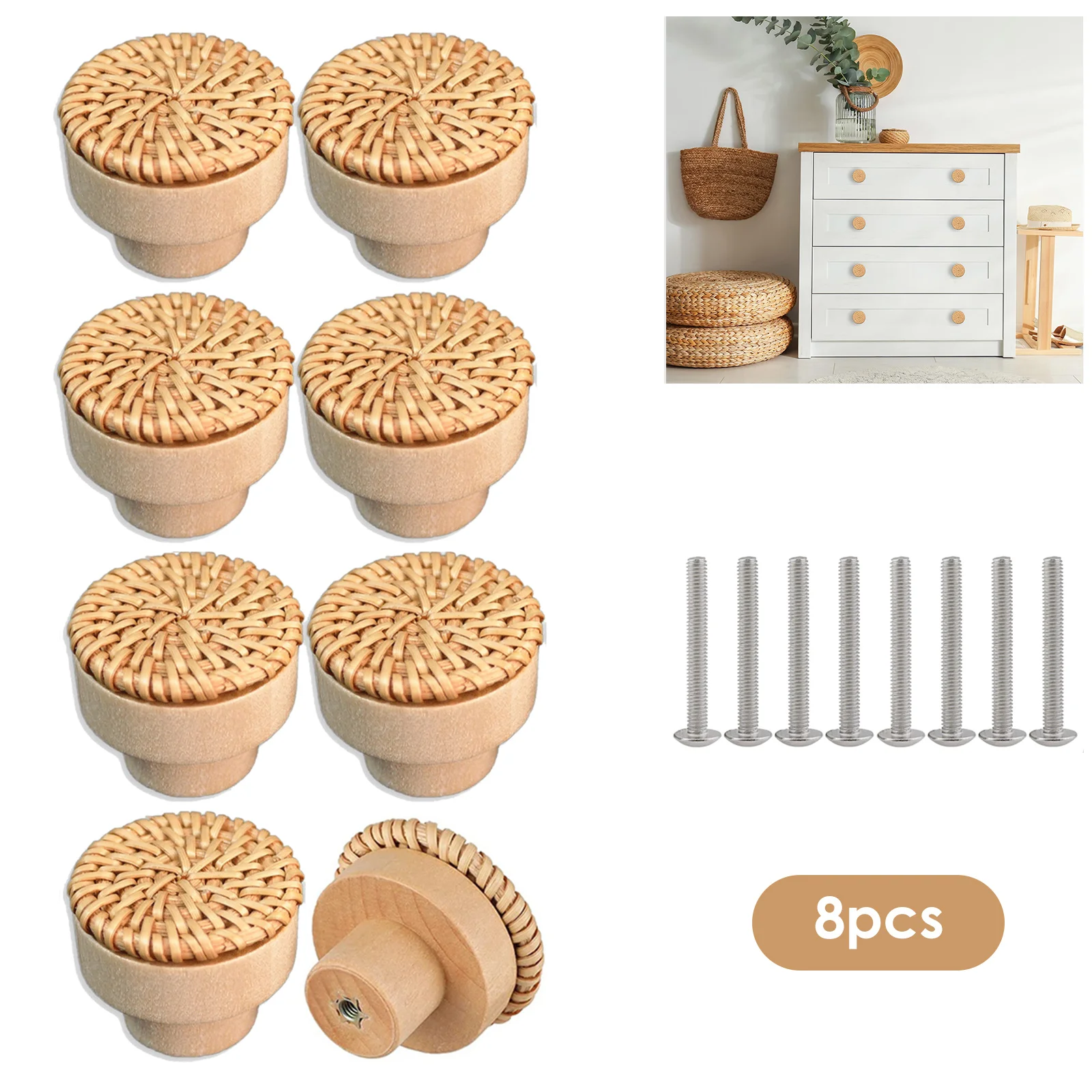 

8Pcs Rattan Wood Door Knobs Furniture Cabinet Pulls Boho Decor Furniture Knobs Vintage Drawer Cabinet Wood Handles With Screws