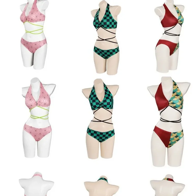 

qq273Anime Demon Slayer Kamado Nezuko Cosplay Swimsuit Bikini Cover Up Beach Bathing Two-Piece Swimwear Halloween Carnival Suit