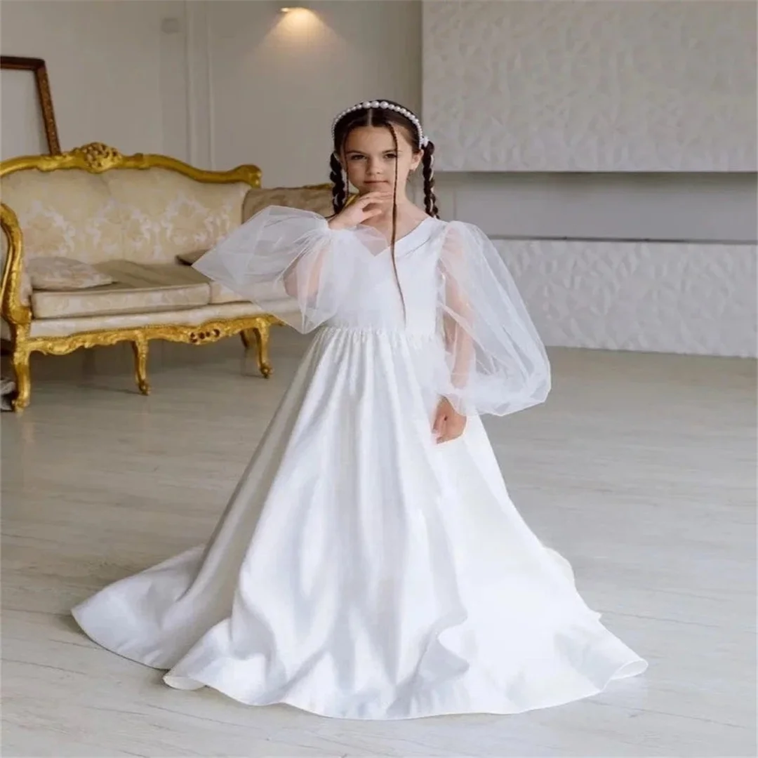 

Satin Flower Girl Dress with Bow Tulle Wedding Dresses Junior Bridesmaid Toddler Ivory Girl Princess Pageant Dresses for Girls