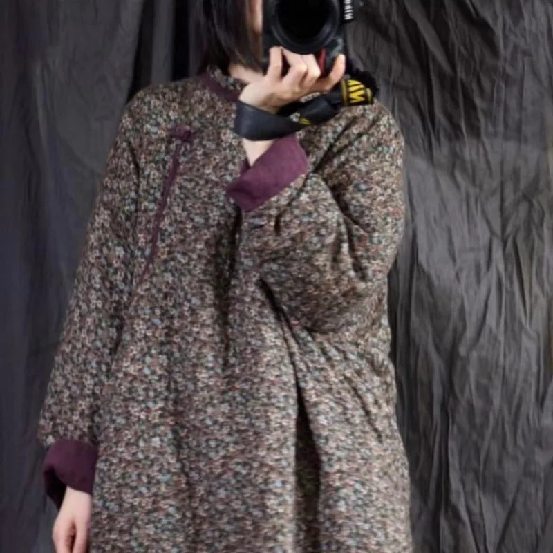 

Retro Floral Print Thiened Cotton Jaet Women's Autumn Winter New Sle Stand Collar Patchwork Sve Long Length Coat