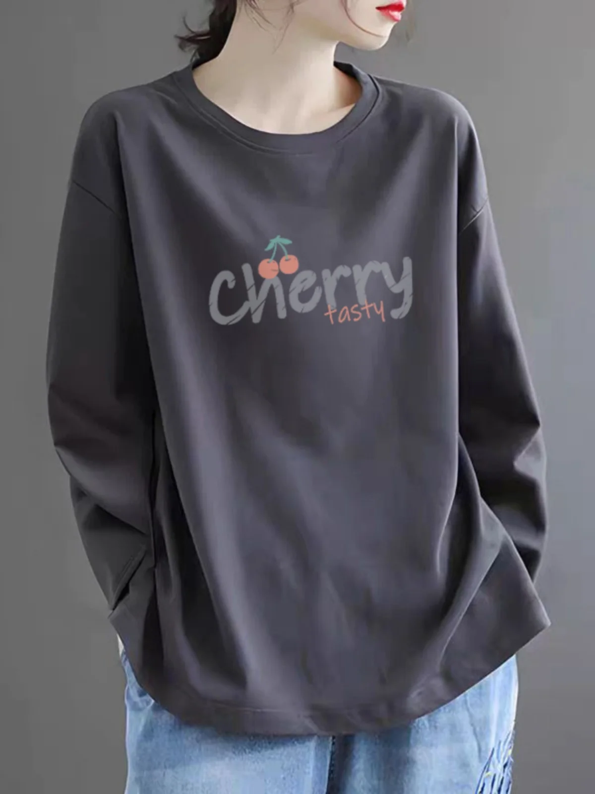 100% Pure Cotton Long Sleeve Casual T-Shirt Women's Autumn Winter Slimming Loose High-End Base Layer Top Fashionable Comfortable