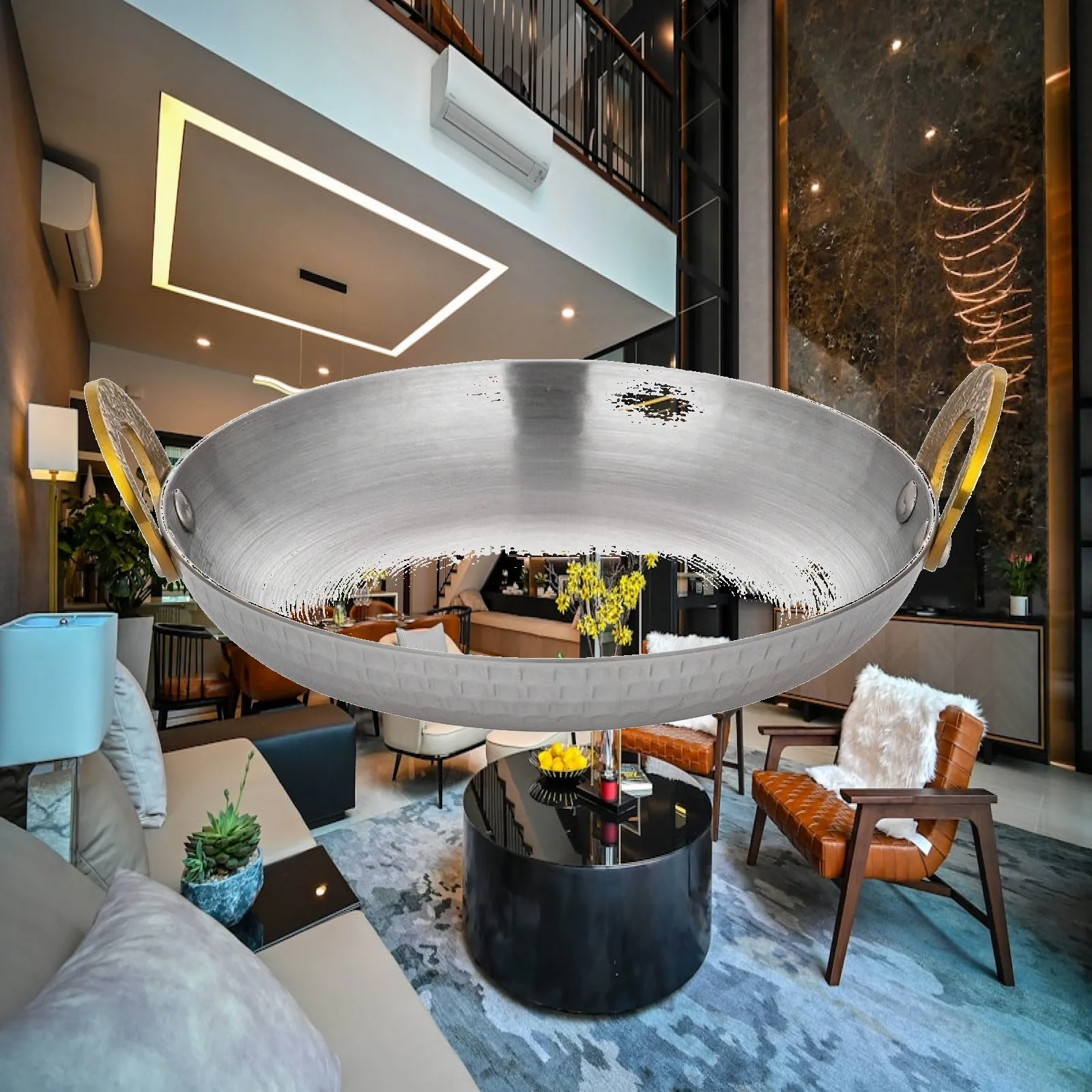 Elegant Silver Toned Oval Serving Dish with Gold Rivet Handles for Party Tableware