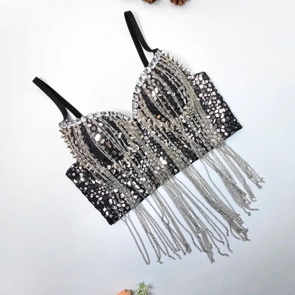 

Укороченный топ с блестками и бахромой Ro Star, лиф со стальным кольцом, сексуальный клубный сценический жилет, женская мода, весна 2023, внутренняя одежда
