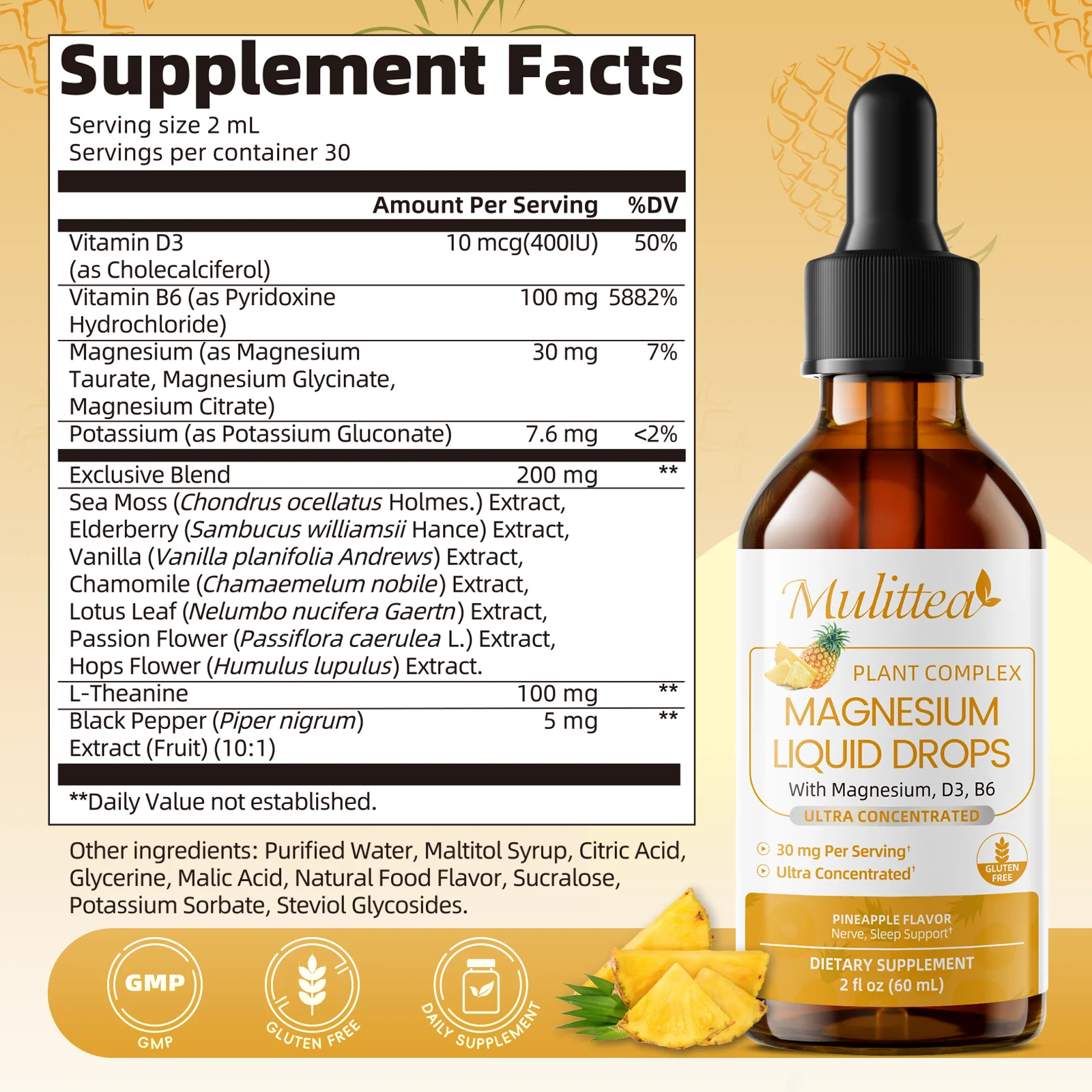 Mulittea 60ML Magnesium Glycinate Liquid Drop with L-Theanine,Vitamin Sleep & Calm Support Relaxation,Mood & Nerve Support