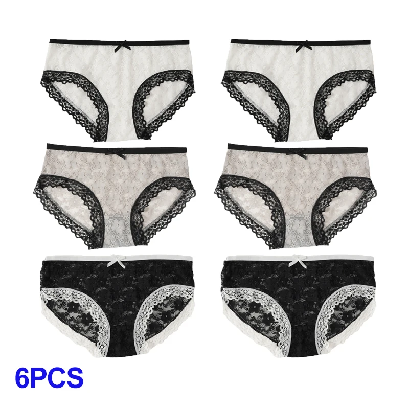 6 Pcs Women's Sexy Lace Seamless Mid-waist Ultra-thin Hollow Panties Bow Korean Ins Sweet Briefs