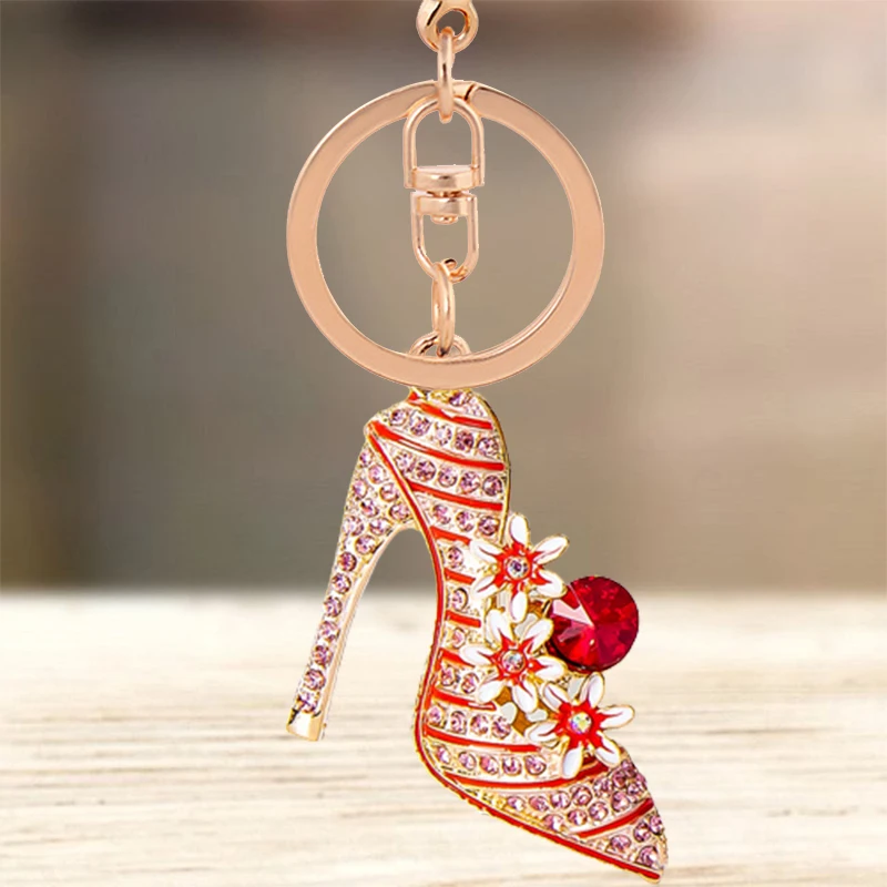 Cute Beautiful Crystal Studded Flower High Heels Shoes Keychain Key Chain Key Ring Holder Bag Pendant Accessories Keyring